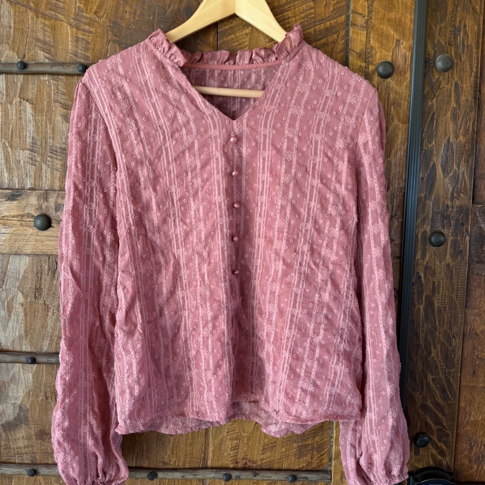 Womens Pink Swiss Dot Ruffle Neck Blouse Metallic Stripe Long Sleeve Top